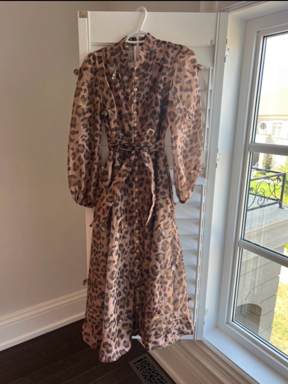 Leopard Print Button-Front Midi Dress in Brown S/M